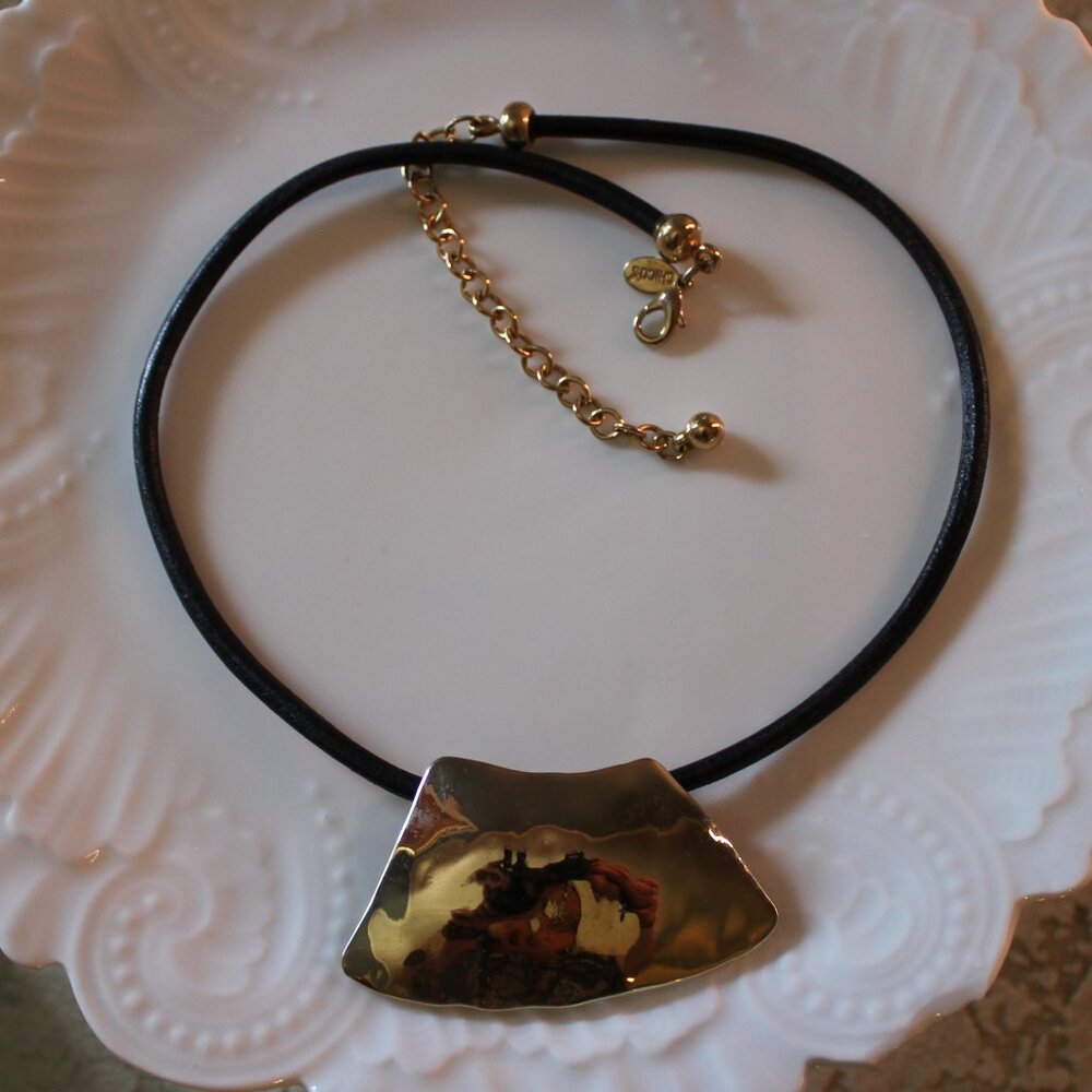 Chico's Black Leather Cord Gold Tone Hammered Angular Design Pendant Necklace